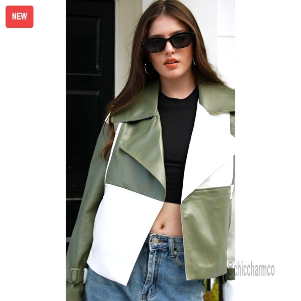 Oversized Cropped Leather Jacket with Color Block Design, Side Pockets - Picture 7 of 7